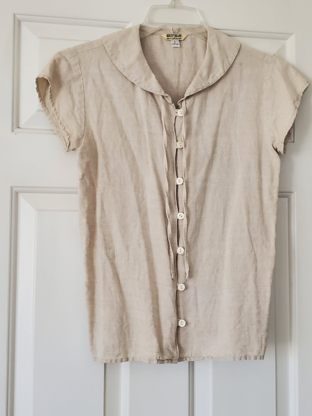 GUESS USA Vintage  Beige Cap Sleeve Buttons Linen Top  SMALL